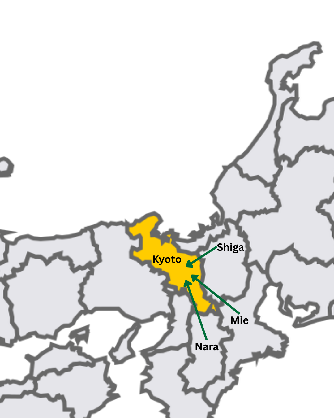 Map of Japan highlighting the four prefectures — Kyoto, Shiga, Mie, and Nara — whose tea leaves can be used under the official Uji Tea definition